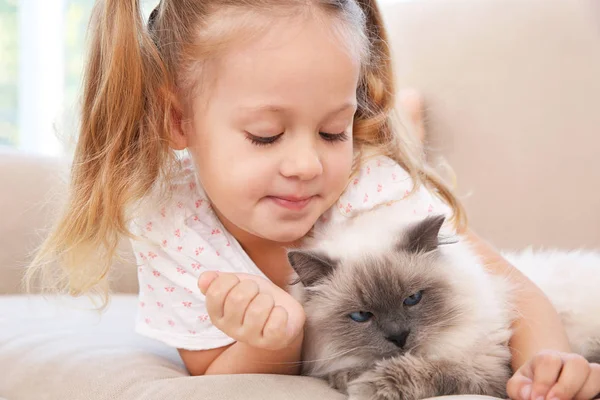 Schattig klein meisje met kat — Stockfoto