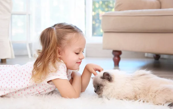 Schattig klein meisje met kat — Stockfoto