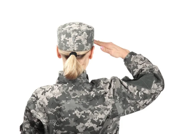 Kvinnlig soldat salutera — Stockfoto
