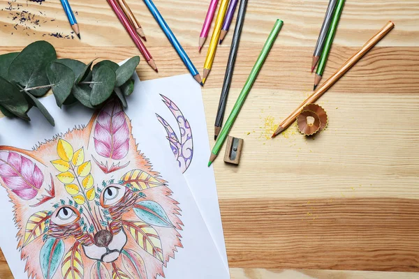 Composition of coloring and pencils — Stock Photo, Image