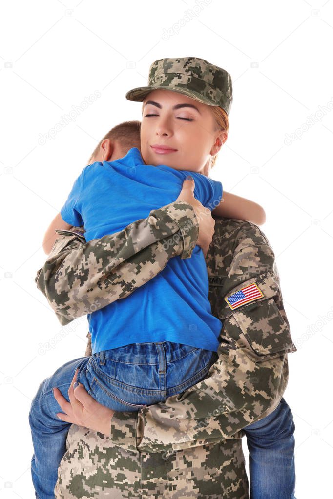 Woman soldier embracing with son 