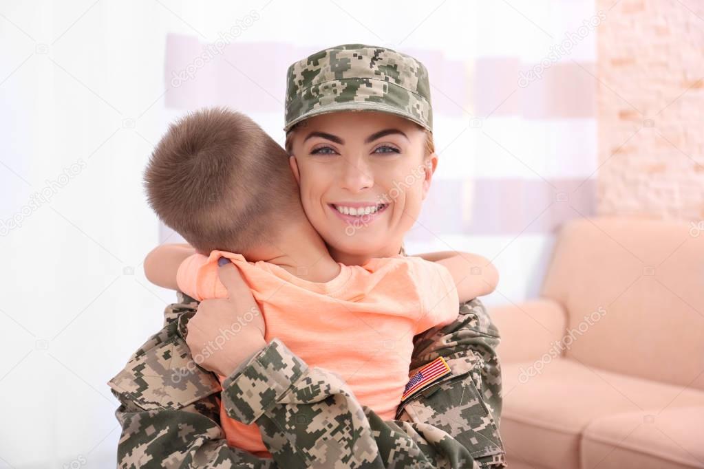 Mother soldier and little kid  