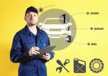 Araba hizmet anlayışı. Pano Sarı zemin üzerine olan genç adam