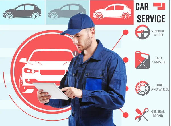 Car service concept. Young man with tablet on color background