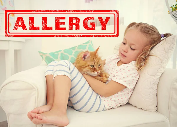 Animal Allergy Concept Little Girl Cat Home — Stock Photo, Image