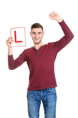 adam öğrenci sürücü işareti ile