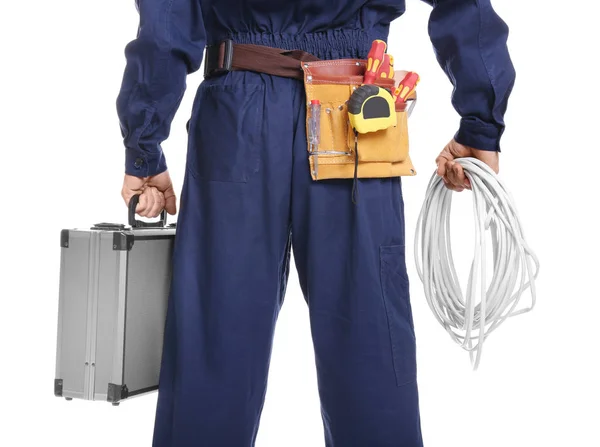 Elettricista con cassetta degli attrezzi — Foto Stock