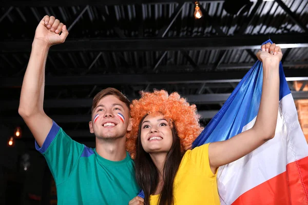 Cheerful Friends France Flag Emotionally Watching Soccer Game Sport Bar — Stock Photo, Image