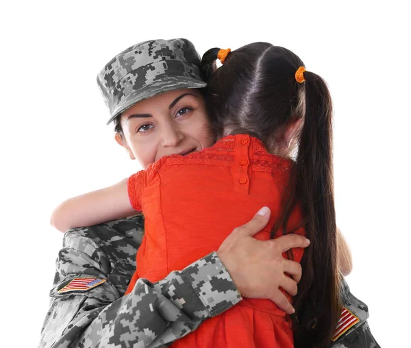 Madre Uniforme Militare Con Figlia Isolata Bianco — Foto Stock