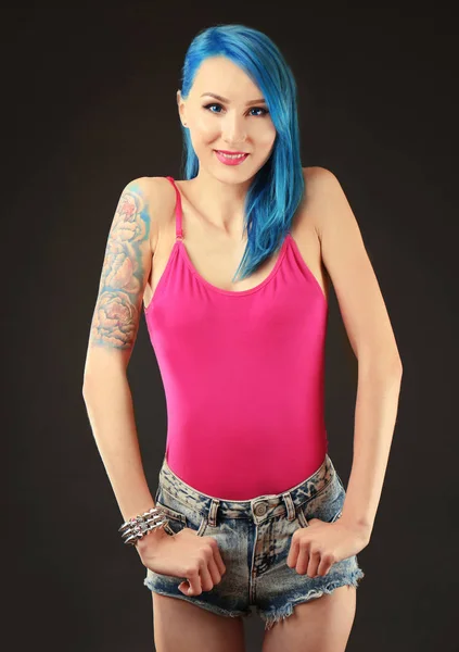 Beautiful Young Woman Stylish Color Hair Tattoo Dark Background — Stock Photo, Image