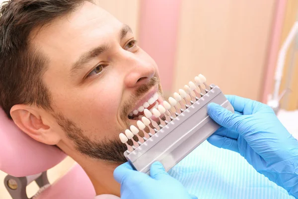 Dentysta Sprawdzanie Wybierając Kolor Zębów Młodego Człowieka Zbliżenie — Zdjęcie stockowe