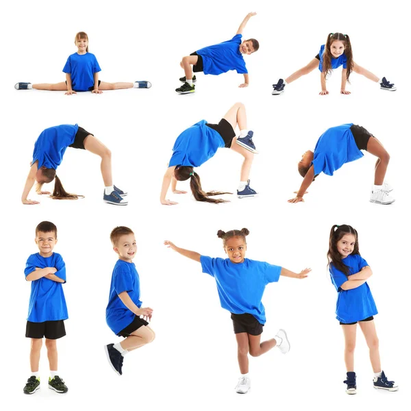 Collage Van Schattige Kinderen Dansen Witte Achtergrond — Stockfoto