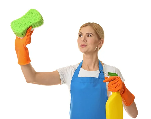 Mulher bonita com esponja e detergente — Fotografia de Stock