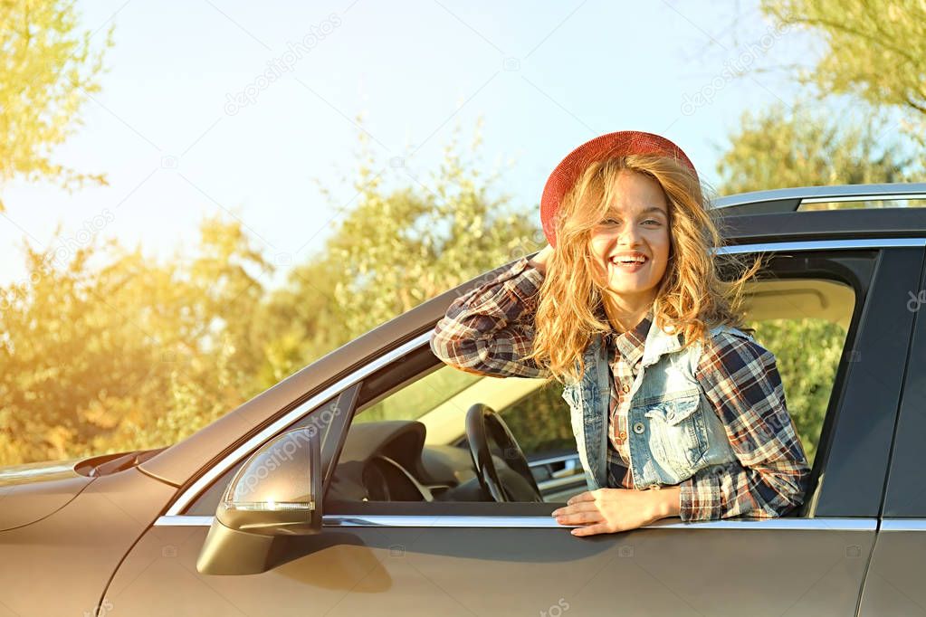 female driver in car