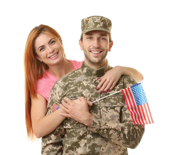 Voják s přítelkyní na bílém — Stock fotografie