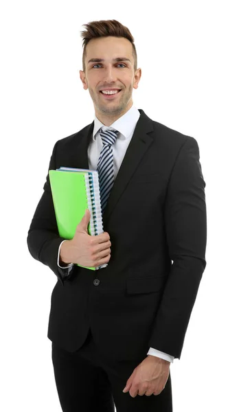 Mladý učitel s notebooky — Stock fotografie