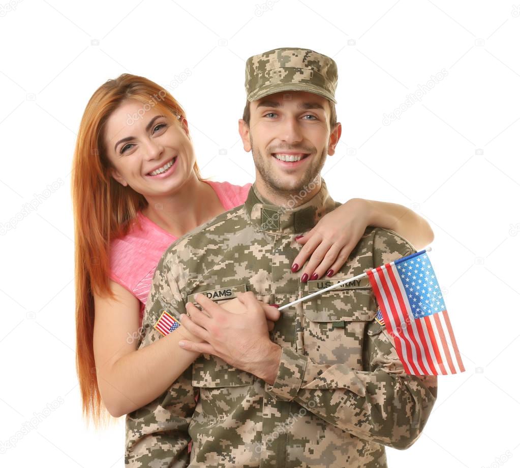 Soldier with girlfriend on white 
