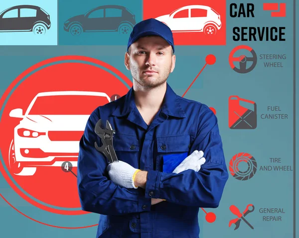 Car service concept. Young man with equipment on color background