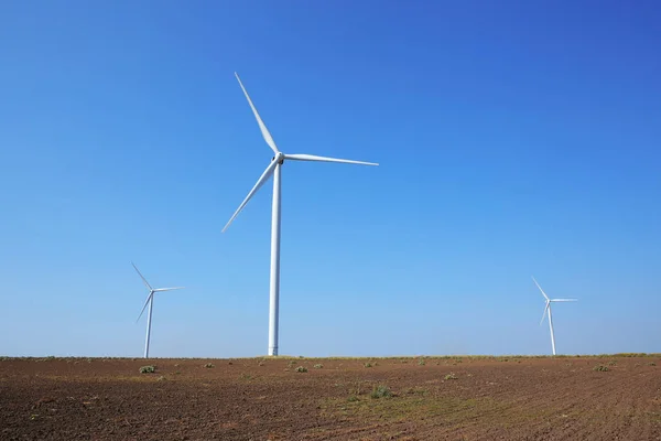 Windmühlen auf dem Feld bei Sonnenuntergang — Stockfoto