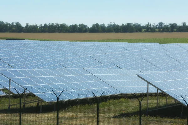 Paneles solares en el campo de verano — Foto de Stock