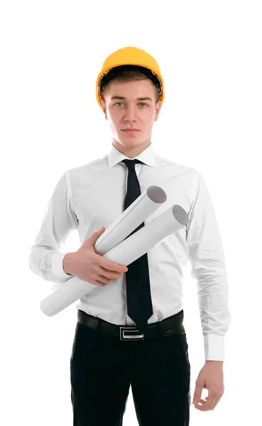 Handsome Young Man Hardhat Drawings White Background — Stock Photo, Image