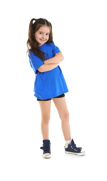 Симпатична Маленька Спортивна Дівчинка Позує Білому Тлі — стокове фото