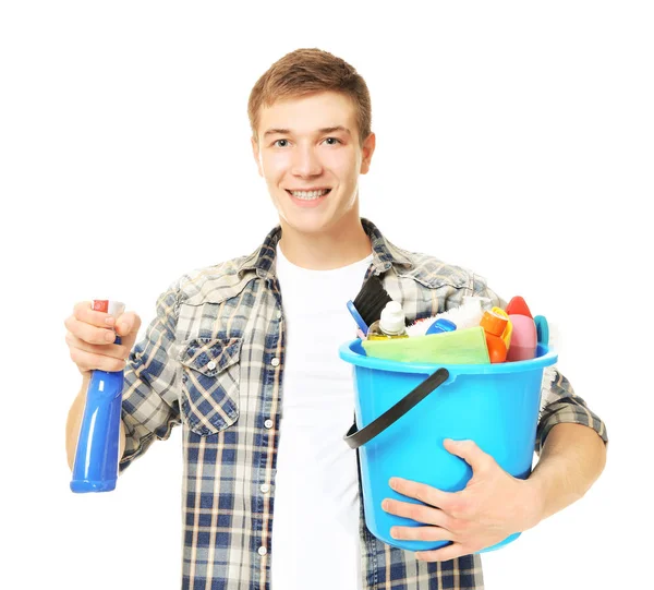 Man holding bucket with cleaning equipment — Stock Photo, Image