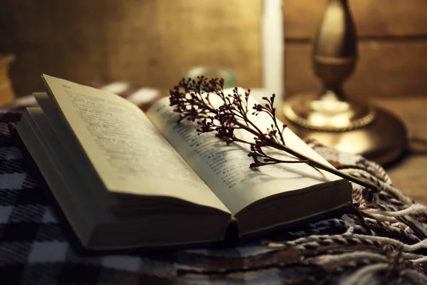 Eski kitap ve Damalı battaniye — Stok fotoğraf