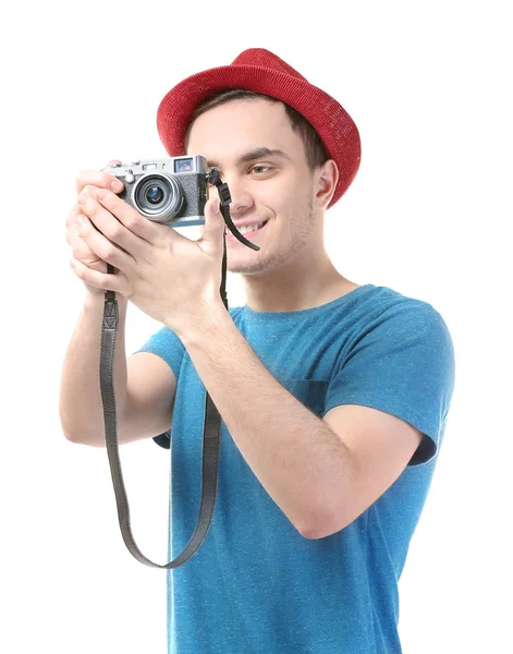 Beau Jeune Touriste Prenant Des Photos Sur Fond Blanc — Photo