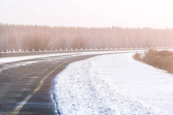 Motorvägen och vintern skog — Stockfoto