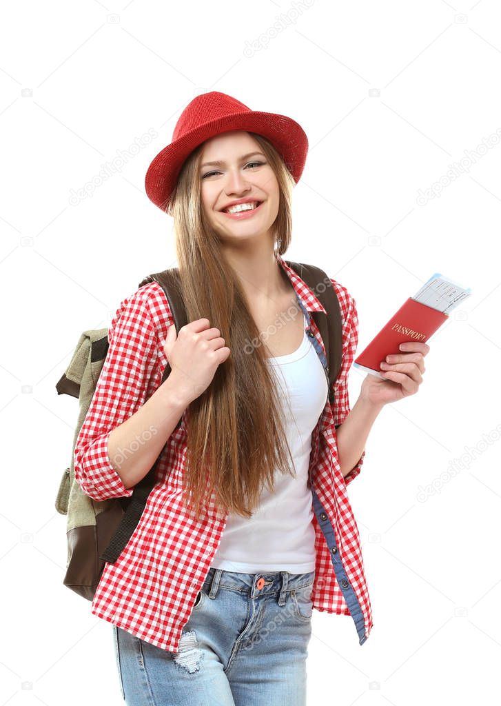 Woman traveler with passport and ticket  