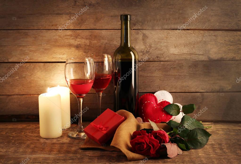 Wine, roses and candles — Stock Photo © belchonock 139283490