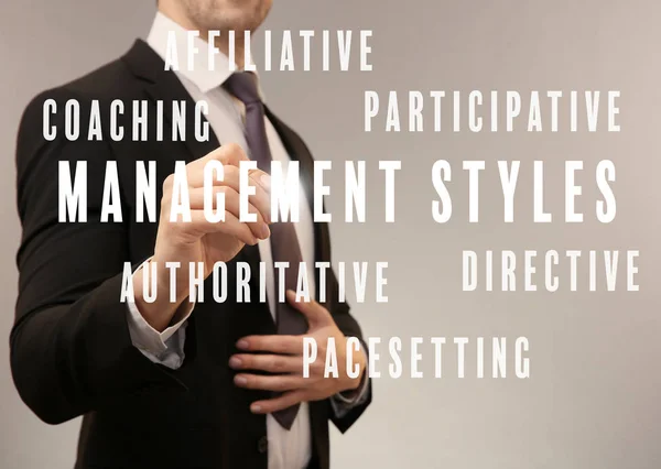 Management styles concept.  Businessman working with virtual screen