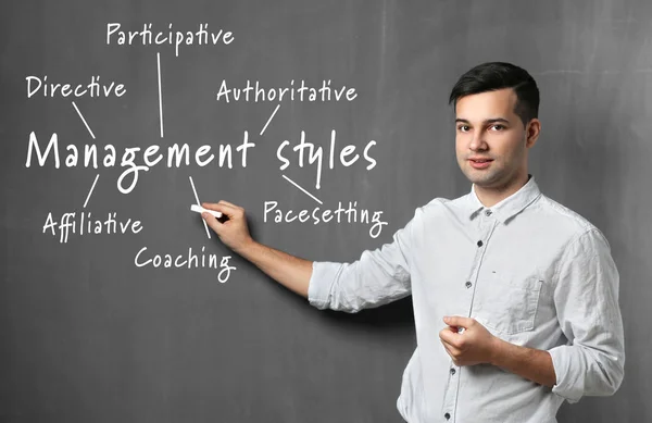 Management styles concept. Young man with piece of chalk on gray background