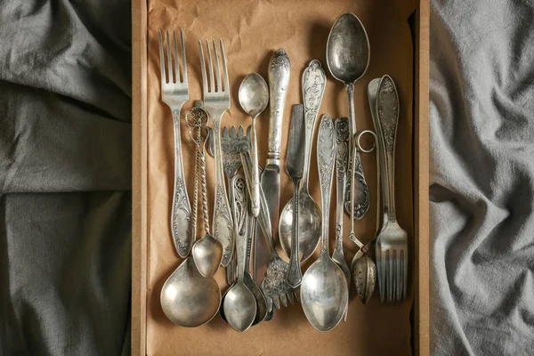 Set of silverware in box — Stock Photo, Image