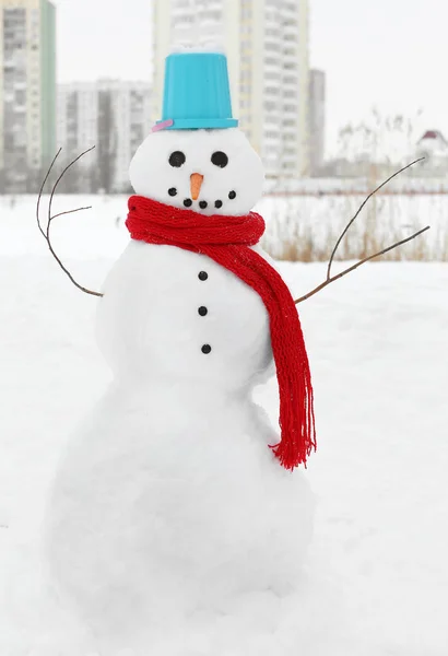 Boneco de neve engraçado no inverno — Fotografia de Stock