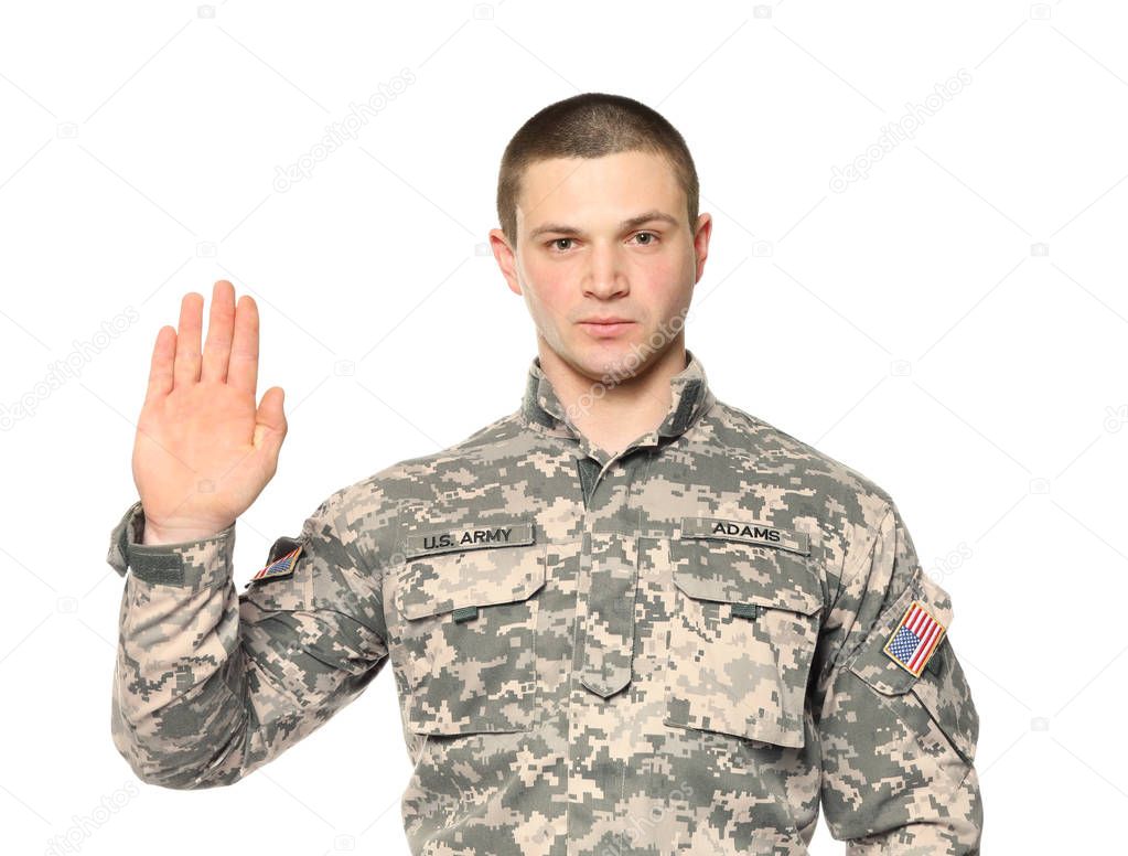 Soldier giving oath on white background