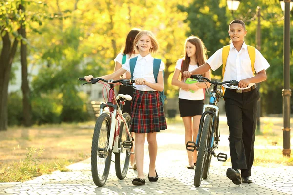 Adolescentes con bicicletas caminando — Foto de Stock