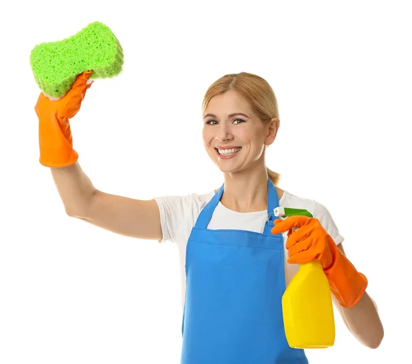 Pretty woman with sponge and detergent — Stock Photo, Image