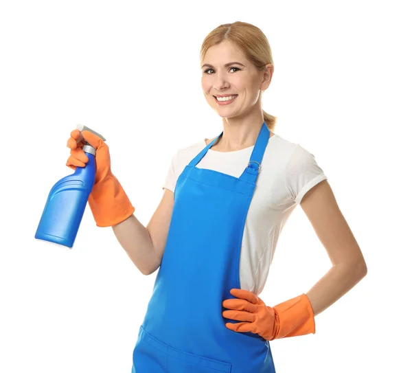 Pretty woman with bottle of detergent — Stock Photo, Image