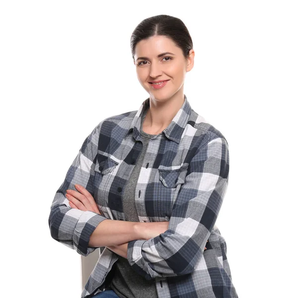 Vrouw in geruit hemd — Stockfoto
