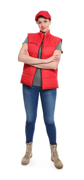 Woman in red sleeveless jacket — Stock Photo, Image