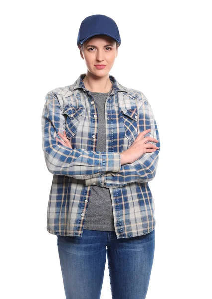 Woman in jeans and checkered shirt — Stock Photo, Image