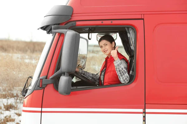 Chauffeur in de cabine van grote vrachtwagen — Stockfoto