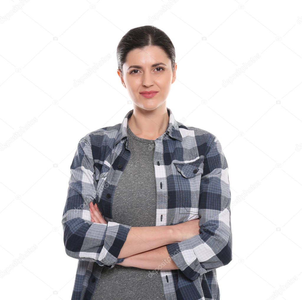  woman in checkered shirt