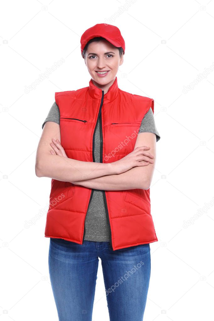 Woman in red sleeveless jacket 