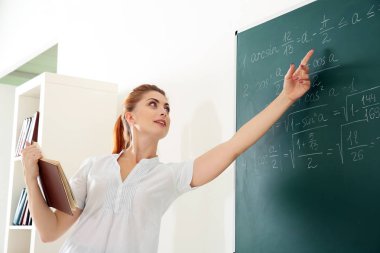 Blackboard yanında genç öğretmen 