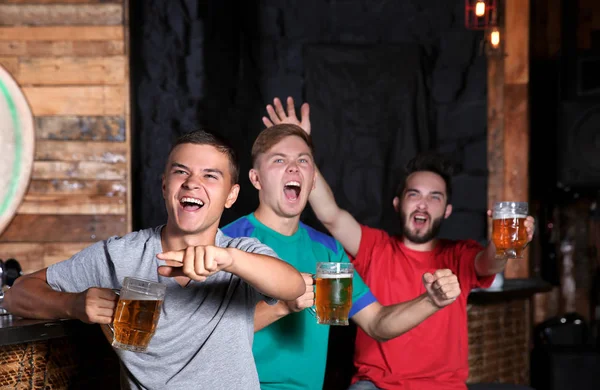 Amigos Alegres Con Cerveza Bar Deportivo —  Fotos de Stock