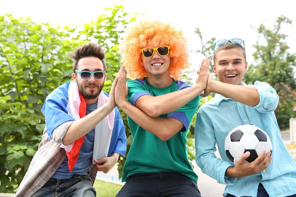 Emotional Soccer Fans France Flag Ball Outdoors — Stock Photo, Image