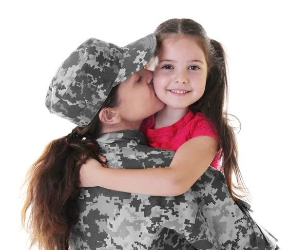 Mother in army uniform with daughter isolated on white — Stock Photo, Image